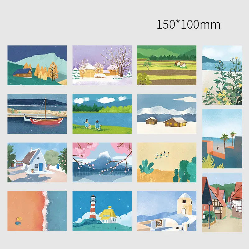 Set of twelve illustrated landscape postcards from travel diary winter postcards wall decor 15 pack featuring distinct seasonal and architectural scenes in soft watercolor style.