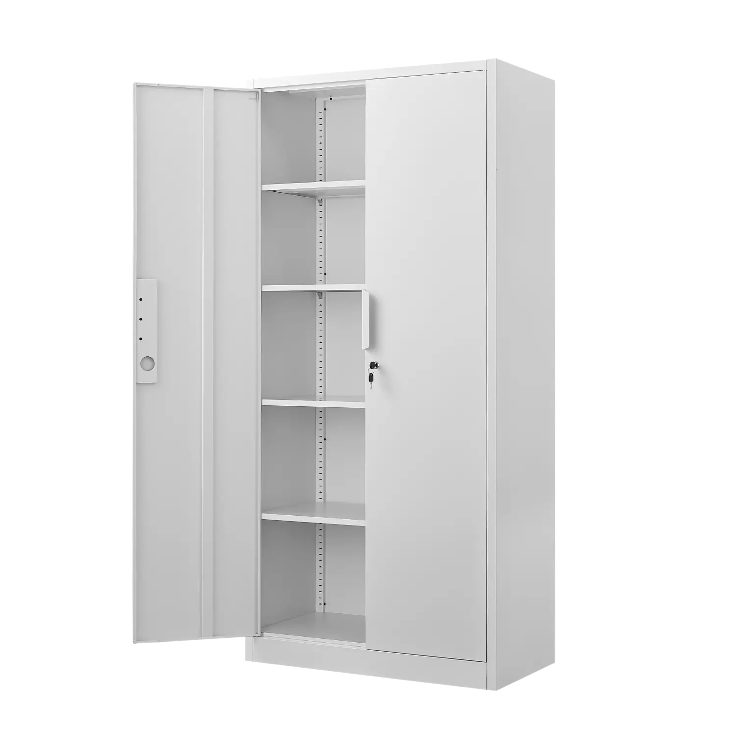 white metal steel file cabinet 70 inch with two lockable doors, adjustable shelves, and key lock on the right door for secure storage