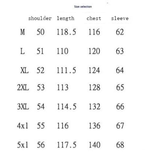 Size selection chart for a plus size dragon embroidered mens long coat showing shoulder length chest and sleeve measurements in inches for sizes m to 5xl.