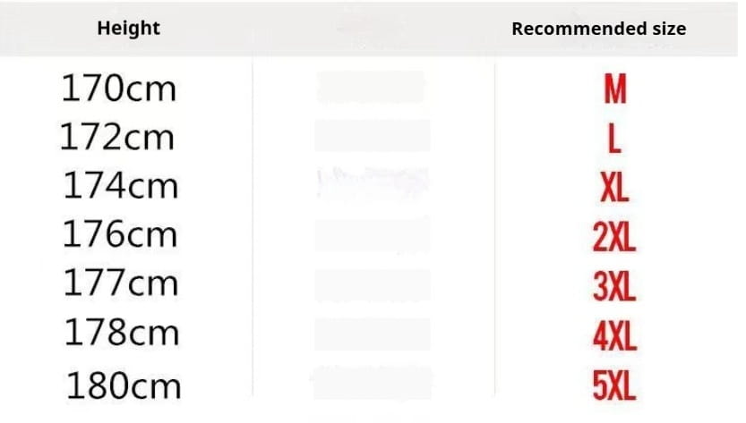 Un tableau hauteur-taille indiquant les tailles recommandées de M à 5XL, avec des mesures en centimètres pour une chemise pour homme en lin à manches courtes respirante.