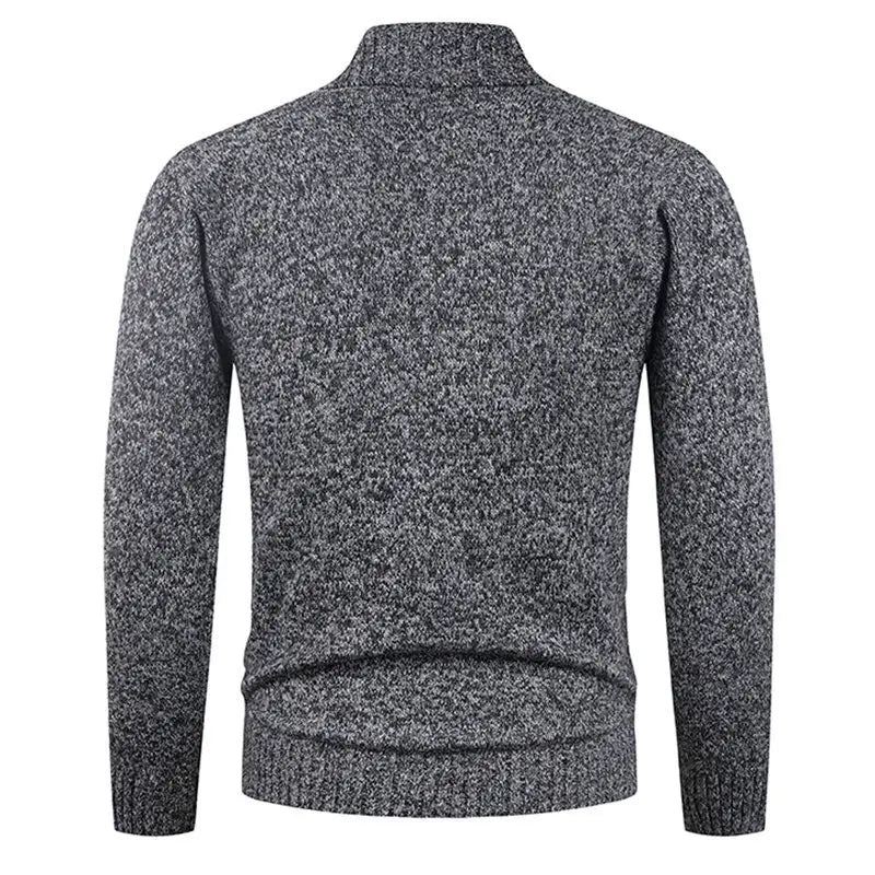 Men’s double-breasted knit cardigan in textured gray heathered knit with ribbed turtleneck and cuffs.