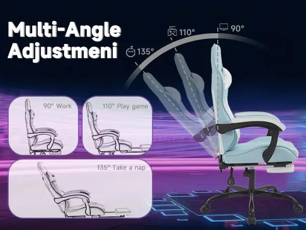 Light blue gaming chair with black armrests and a five-wheel base designed for multi-angle adjustment featuring a footrest and massage lumbar support.