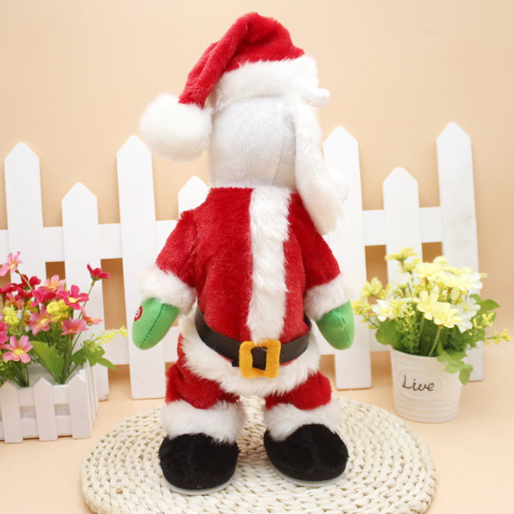 Red and white plush electric Santa Claus musical toy with green gloves, black boots, and a yellow buckle belt shaking hips measuring 46cm.