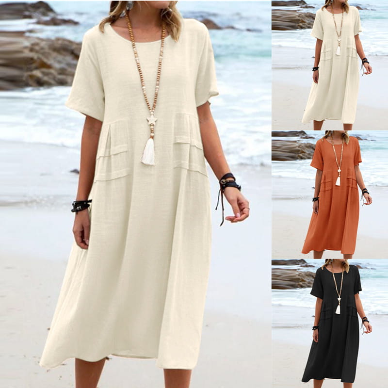 Cream-colored loose-fitting linen short sleeve midi beach dress with front pockets and a relaxed silhouette for women.