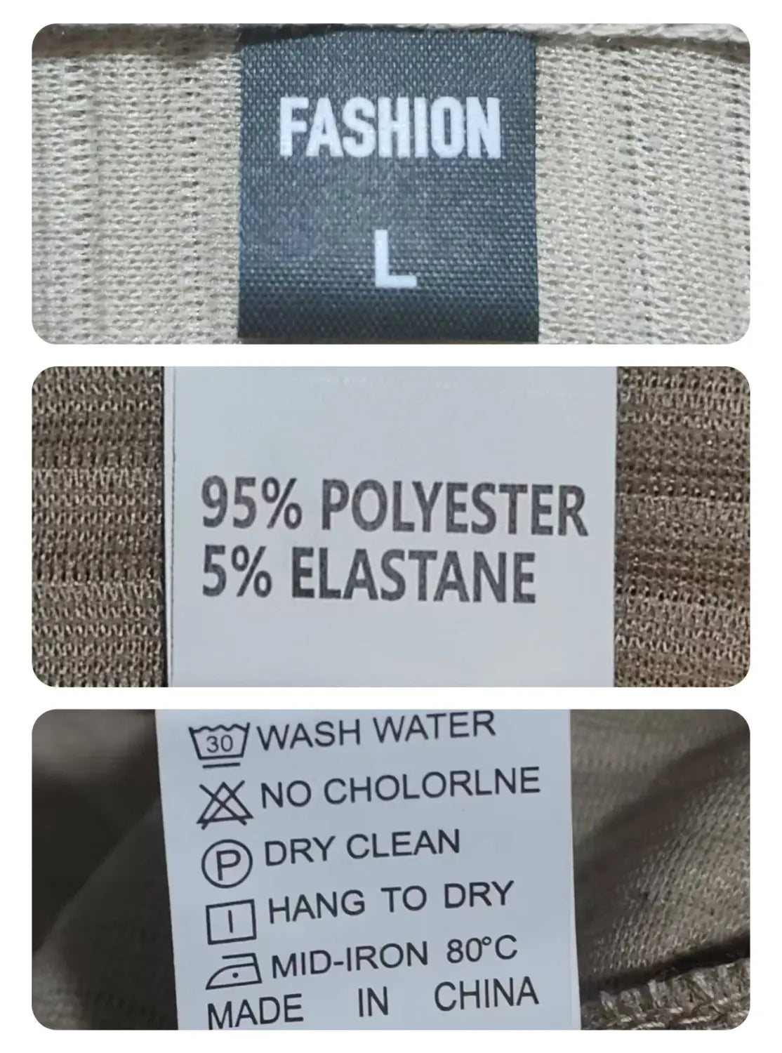 The garment label on the men’s ribbed patchwork half zip knit sweater indicates it is made of 95 percent polyester and 5 percent elastane with care instructions for washing at 30 degrees Celsius.