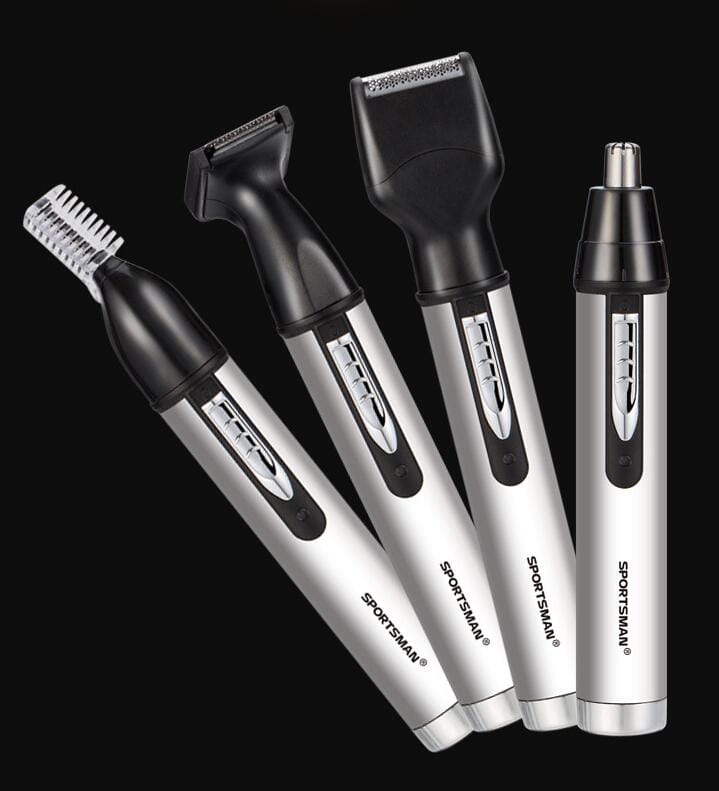 Ensemble de toilettage multifonction de la marque Sportsman, noir et argent, avec accessoires interchangeables pour la coupe des poils du nez et les soins personnels, dans un kit de toilettage électrique 4 en 1 avec charge USB.