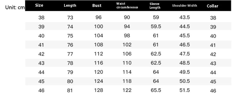 Size chart for women’s plus-size jacket measuring centimeters for sizes 38 to 46 shown alongside a men’s striped cotton embroidered button down shirt.