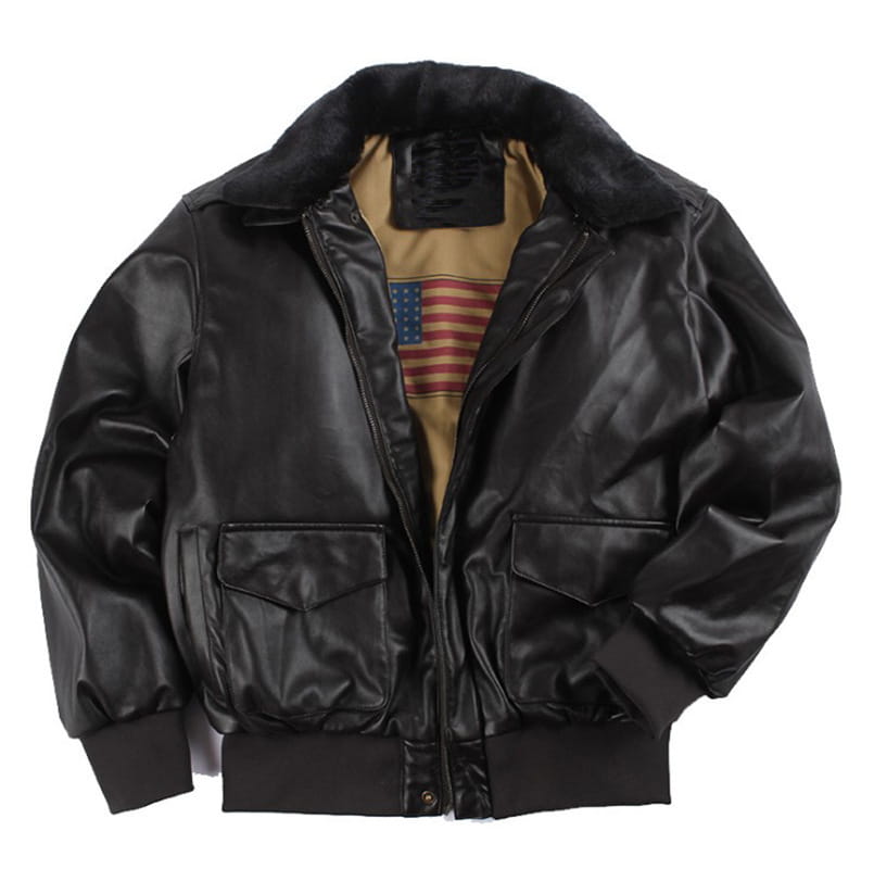 Black faux leather Air Force fur leather bomber jacket with a plush fur-lined collar and two front flap pockets featuring flag lining.