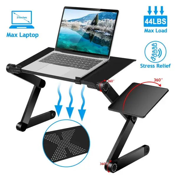 Table d’ordinateur portable noire réglable avec plateau pour souris et trous de refroidissement, montrant l’arrière avec une fonction de rotation à 360 degrés et des évents de ventilation.