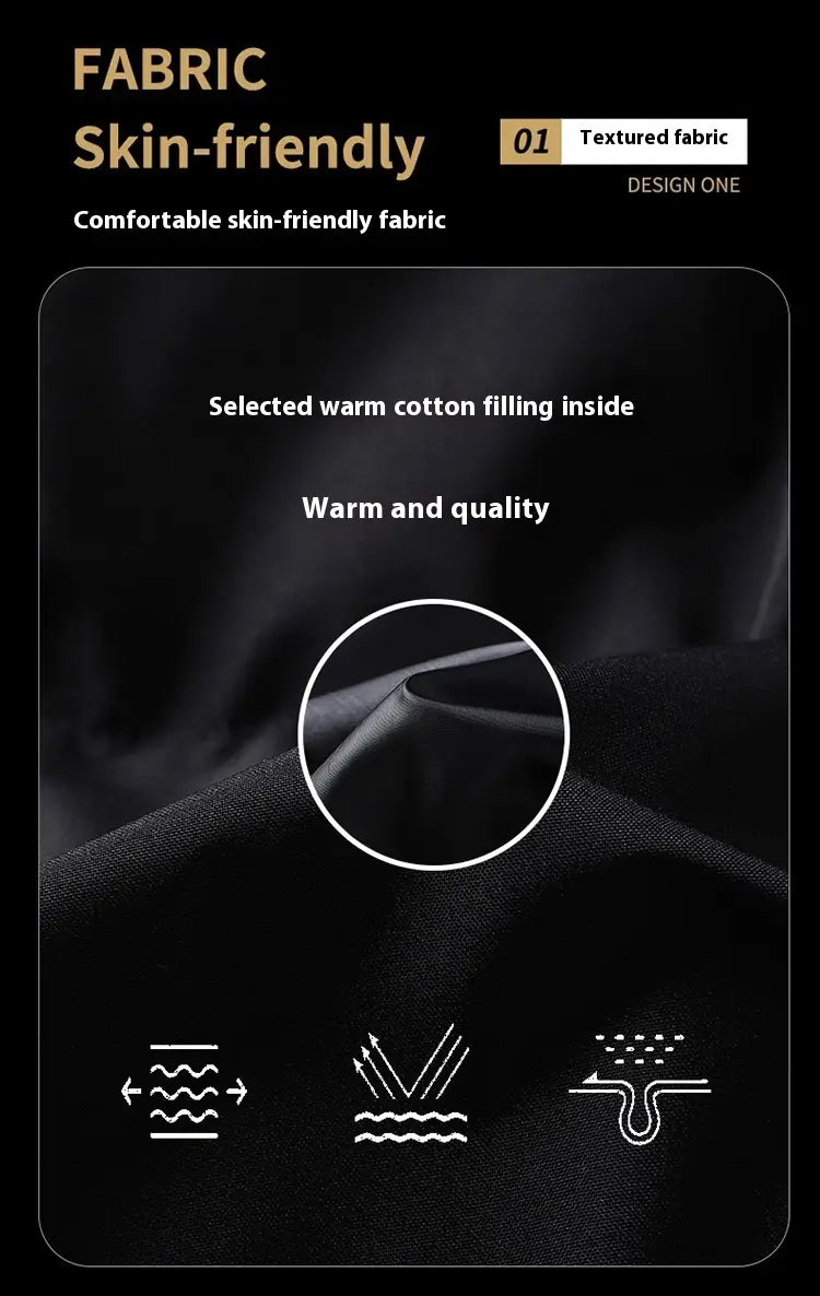 men’s warm padded down jacket gray featuring textured black fabric with warm cotton filling designed for skin-friendly comfort.