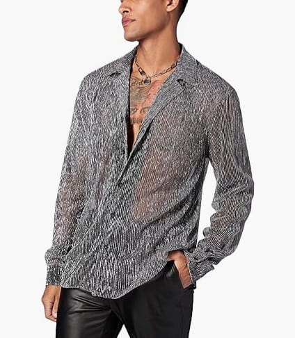 Herren Metallic-Shimmer-Langarmhemd aus strukturiertem, semi-transparentem Grau und Schwarz mit gestreiftem Stoff und legerer Passform.