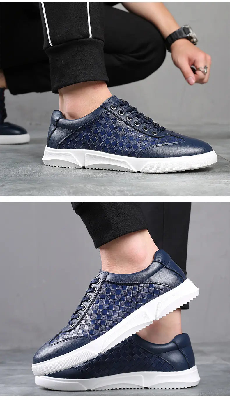 Zapatillas casuales de cuero tejido para hombre en azul marino con suelas de goma blancas, diseñadas para el uso diario.
