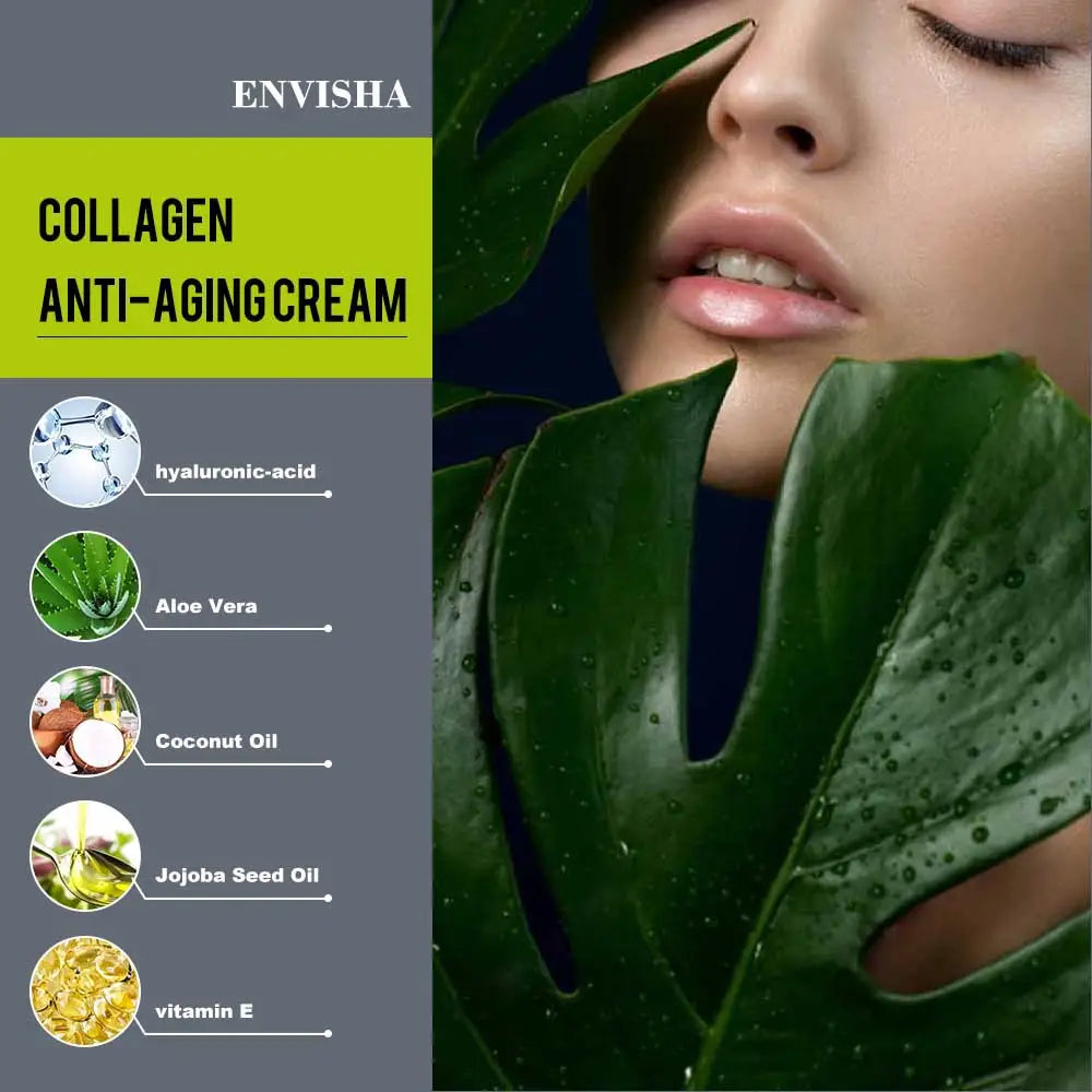 Envisha retinol collagen anti-aging cream 50g featuring hyaluronic acid aloe vera coconut oil jojoba seed oil and vitamin e in white packaging for skin rejuvenation.