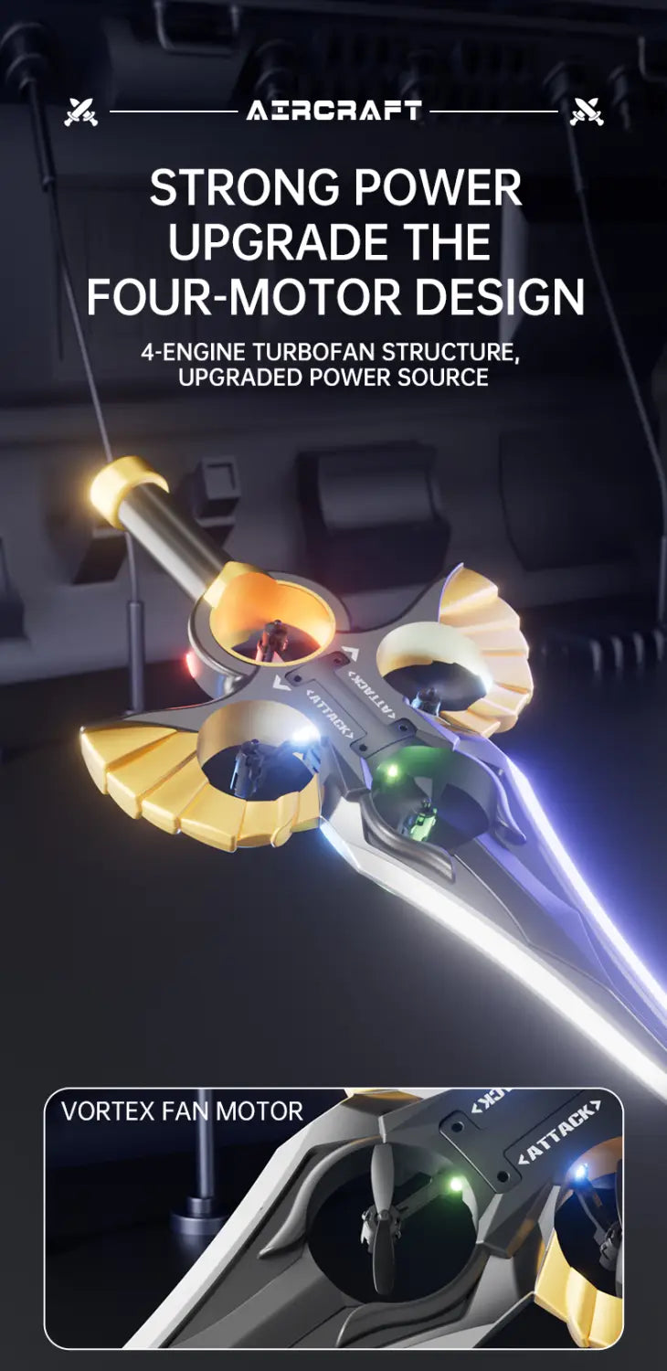 A sleek futuristic flying sword drone gold robot battery kids toy with a metallic silver body and vibrant yellow accents on its four propeller housings.