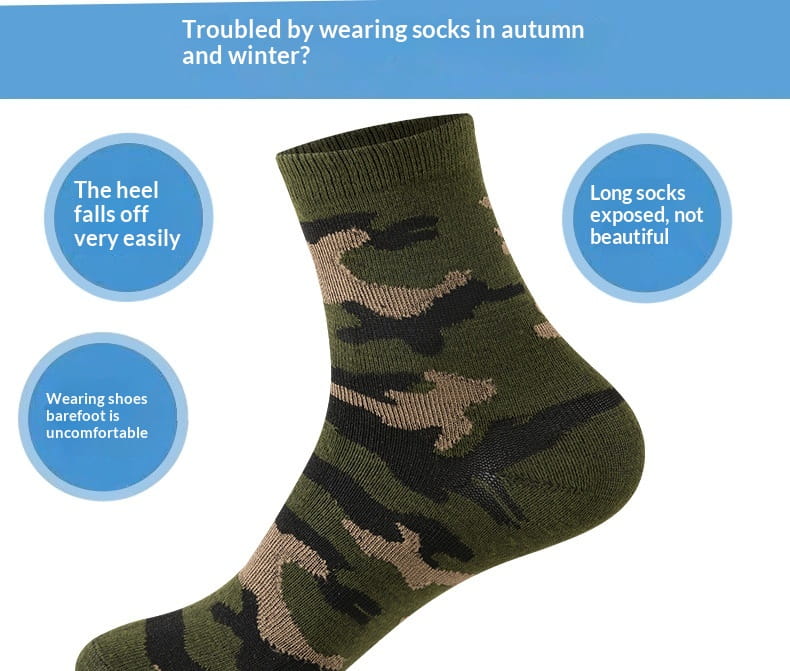 A pair of olive green and black camouflage-patterned knit socks with a ribbed cuff from the camouflage military training socks men 5 pairs set.
