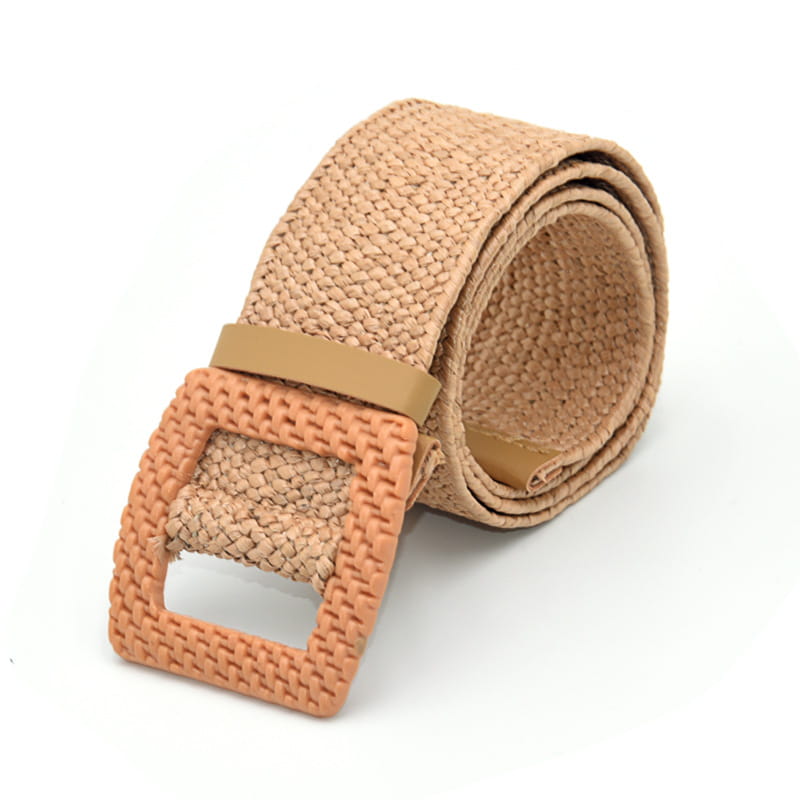 Beige woven elastic belt with a matching square buckle made of woven material.