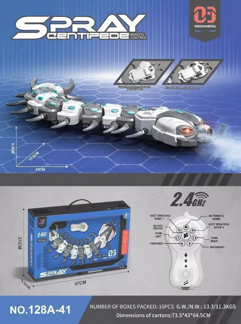 White and gray remote control spray dragonfly centipede toy with teal accents featuring a mechanical design and led lights.