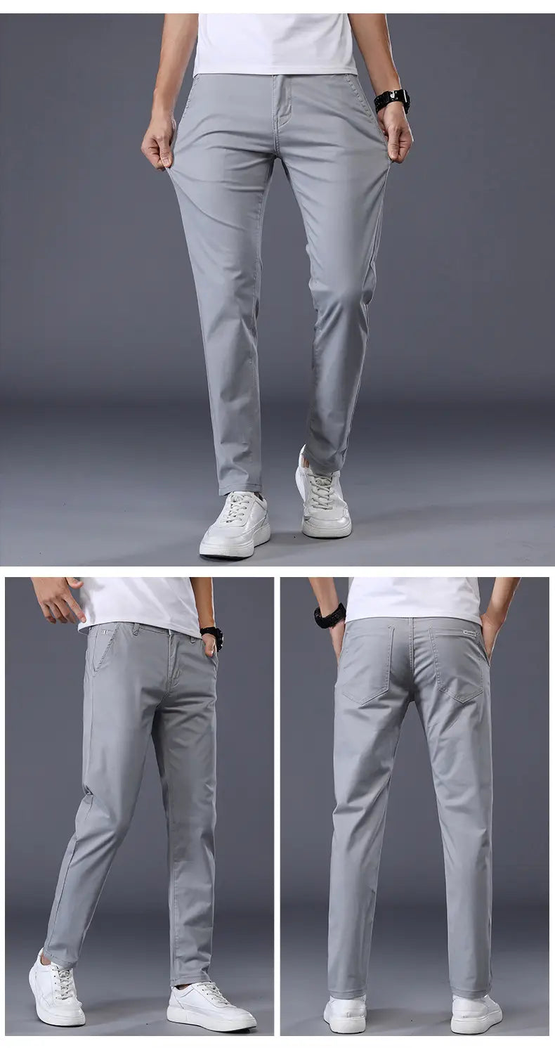 Herren-Chinohosen Slim Fit aus elastischer Baumwolle in Hellgrau mit geradem Bein und dezenten Nähts Details