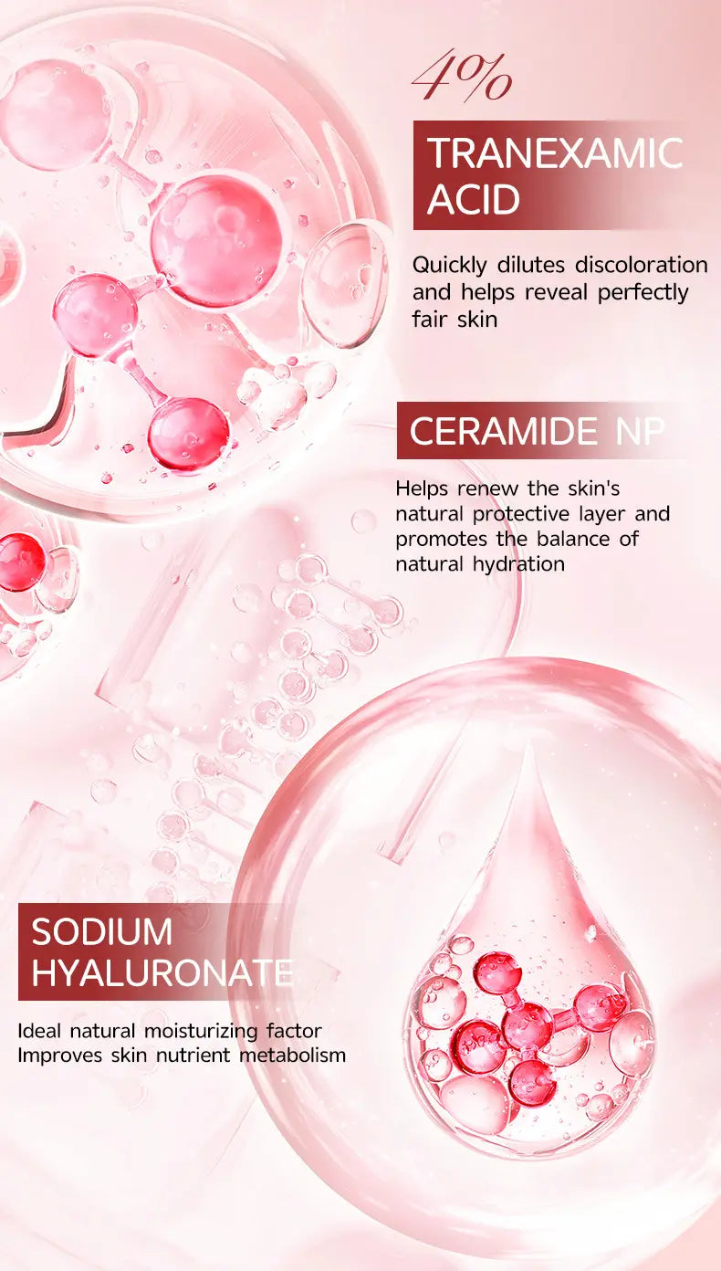 Pink translucent droplets containing red molecular structures labeled with skincare ingredients tranexamic acid and ceramide np in niacinamide 10% txa 4% dark spot correcting serum 30ml.