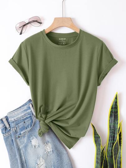 Velvet olive green short sleeve casual tee featuring rolled cuffs and a front knot detail made from soft velvet material.