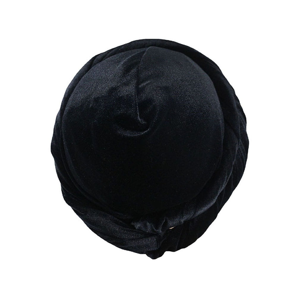 Men gold velvet turban hat in black velvet with a soft plush texture and subtle gathered folds.