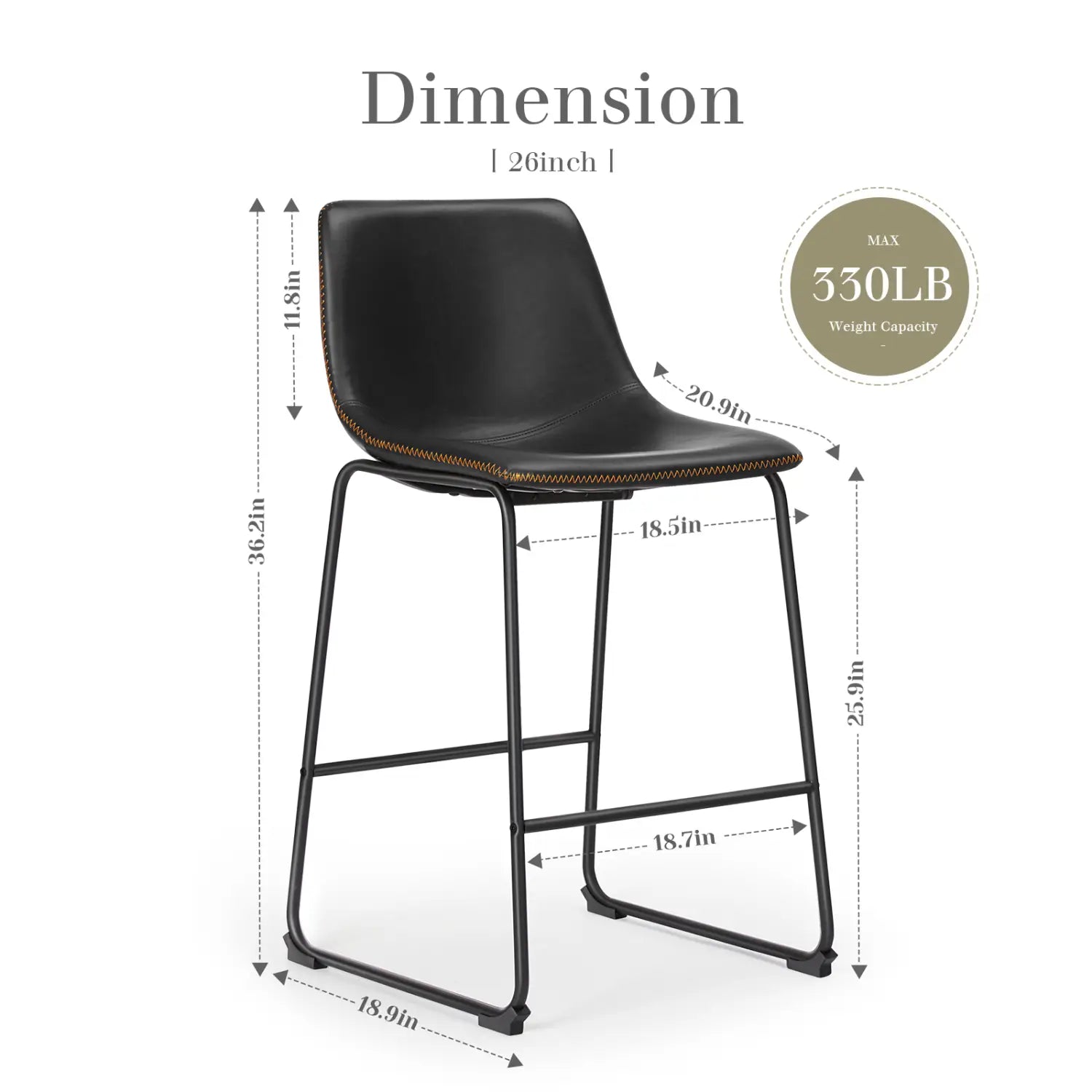 Ensemble de 2 tabourets de bar en cuir noir, chaises de comptoir de style milieu du siècle, avec un cadre métallique élégant et une couture dorée discrète le long du bord de l’assise