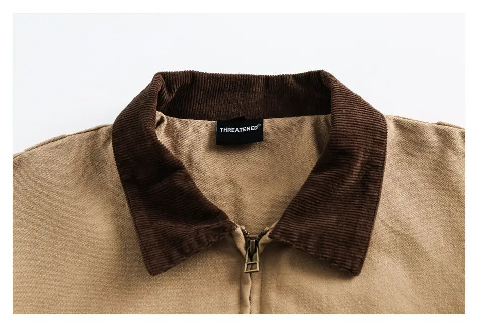 Retro Washed Detroit Jacket men in tan corduroy featuring a contrasting dark brown collar and zipper detail.