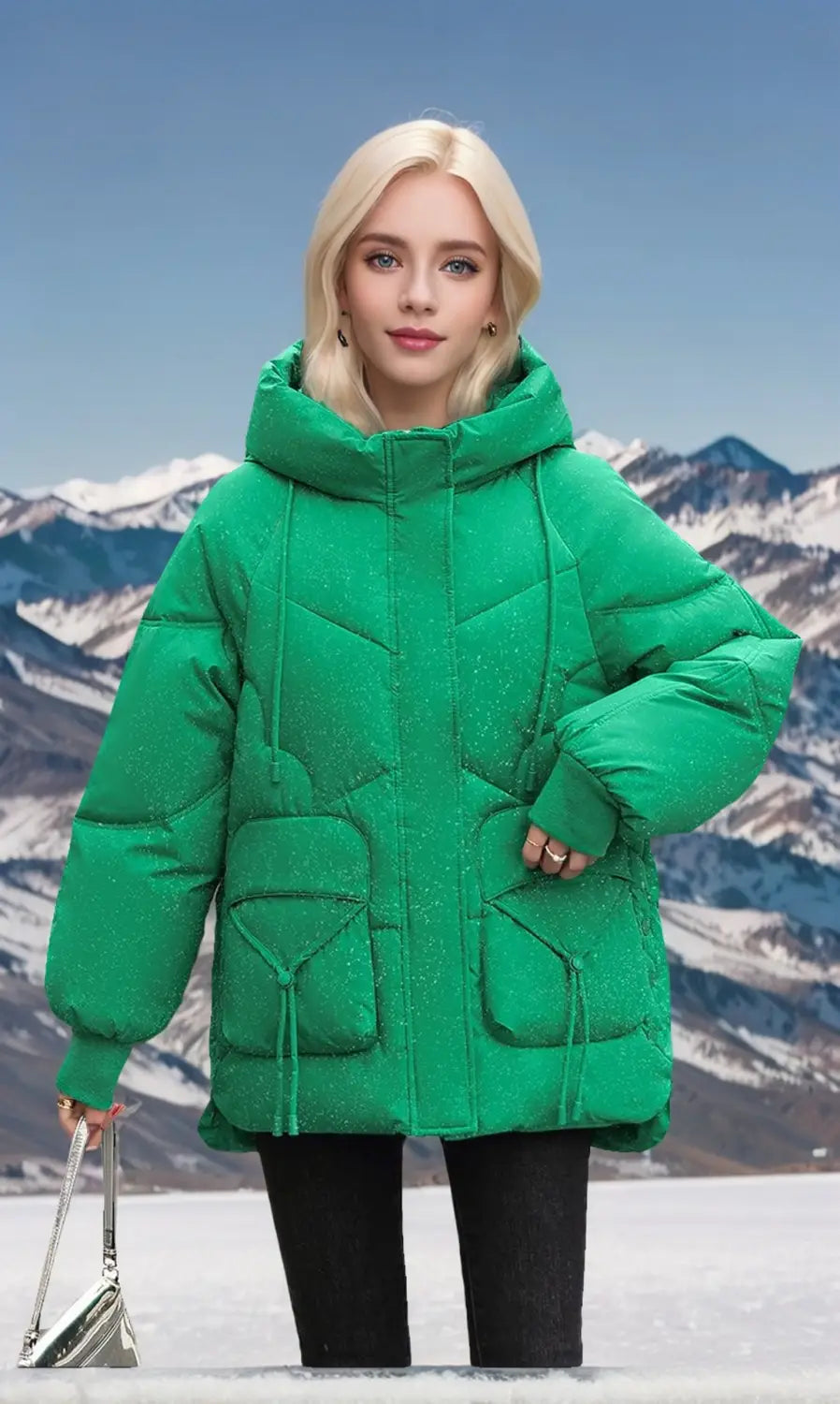 Leuchtend smaragdgrünes koreanisches lockeres Winter-Steppjackett mit Daunenoptik aus Steppmaterial, mit Kapuze und vorderen Taschen für die Nutzung bei kaltem Wetter.