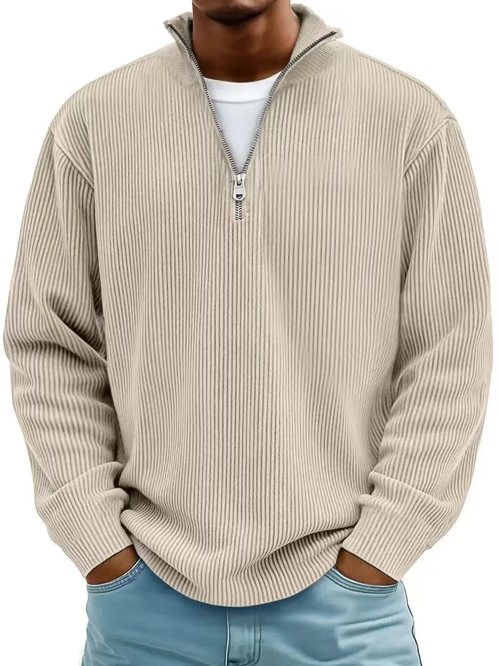 Beige ribbed knit half-zip men’s polo sweatshirt with a silver zipper and corduroy fabric.
