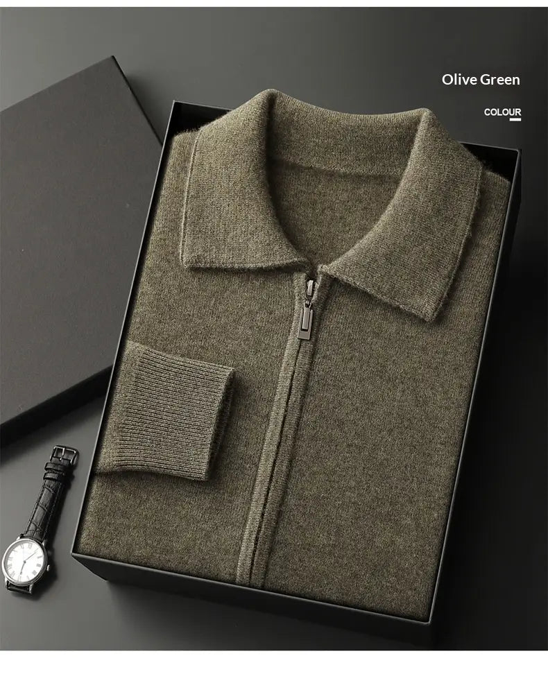 Olive green men solid color warm knitted cardigan zip jacket with textured knit fabric and ribbed collar.