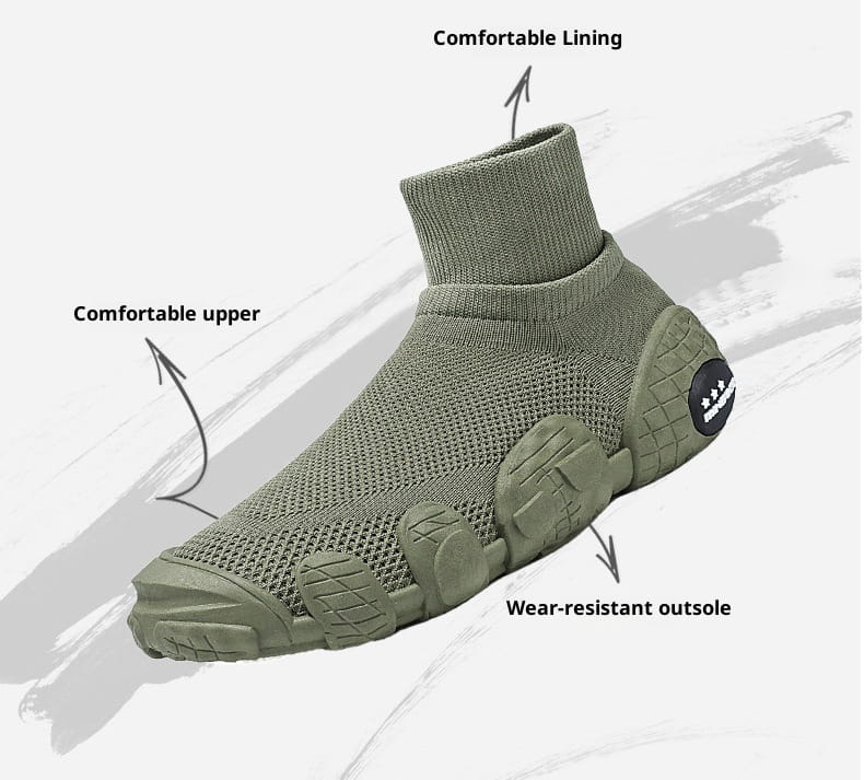 Olivegrüne Mesh-Sneaker im mittelhohen Stil für den Alltag und Sport, mit Sock-Style-Design, atmungsaktivem Mesh-Obermaterial und verstärkter Gummiaußensohle.