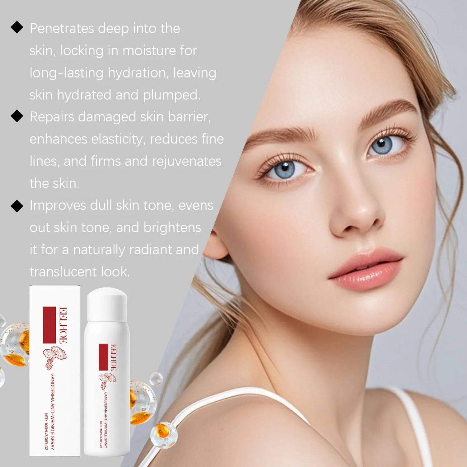 Weiße zylindrische Flasche des feelhoe gynoderm Ganoderma Anti-Falten-Sprays, 100 ml, festigende Lotion mit roter und schwarzer Beschriftung zur Hautpflege.