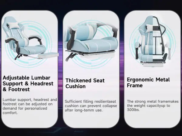 Light blue gaming chair with black accents ergonomic metal frame footrest and massage lumbar support for enhanced comfort.