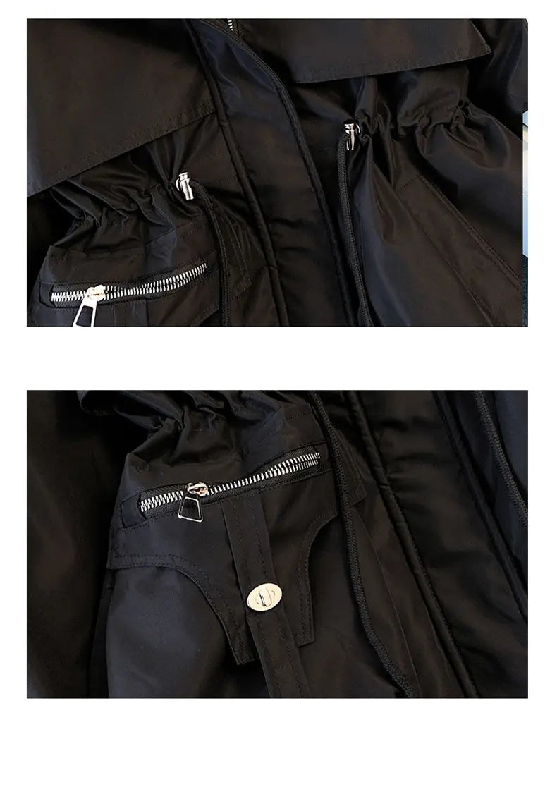 Damen-Winterparka mit mittlerer Länge und schmaler Passform aus Baumwolle mit wattierter Fütterung in Schwarz aus Nylon mit silberfarbenen Reißverschlüssen und einem kleinen runden Logo am Taschenbereich.