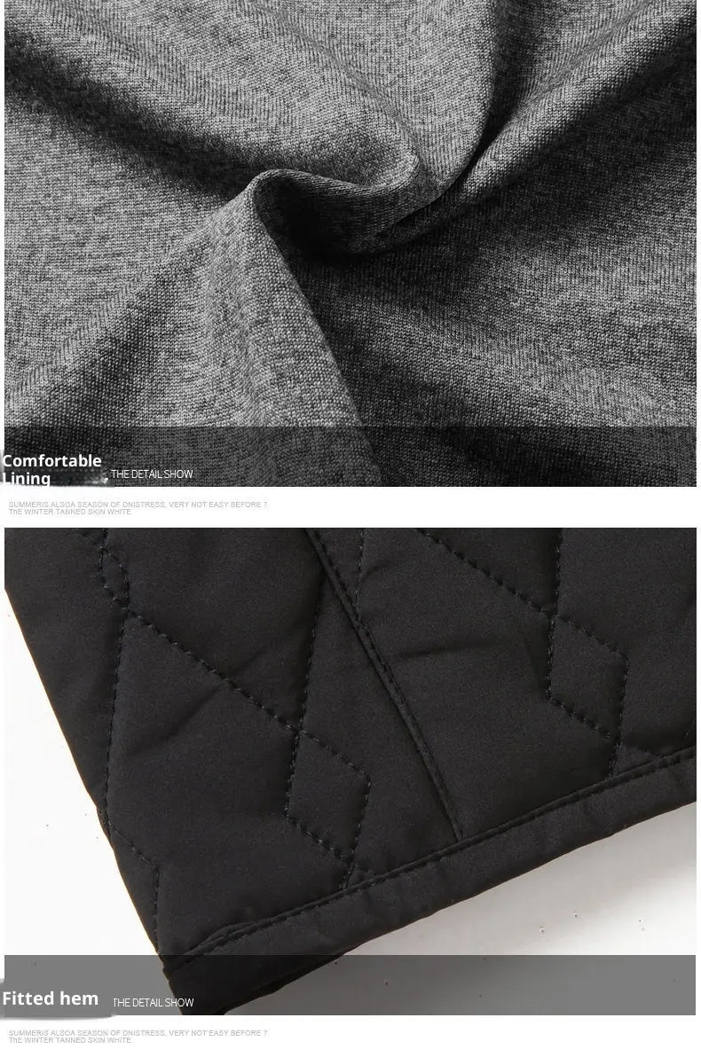 Detailaufnahme des Innenfutters und der gesteppten Außenseite einer dunkelgrauen, strukturierten Stoff-Businessjacke mit schwarzem Diamantgittersteppstich und leichtem Design.