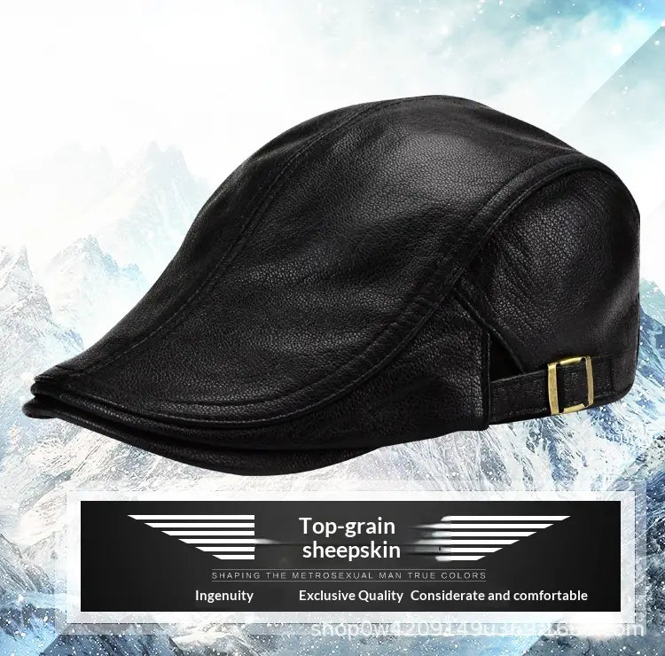 Black top-grain sheepskin leather flat cap for men with a gold-tone buckle designed as a warm winter hat.