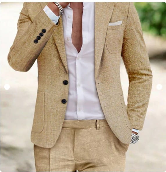 Men casual digital print suit two piece set featuring a tan textured wool blazer with black buttons and a white pocket square.