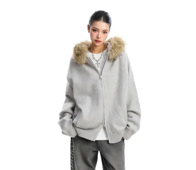 gray knit zip-up hoodie with a fluffy tan fur-lined hood from the fur collar hooded knit coat collection