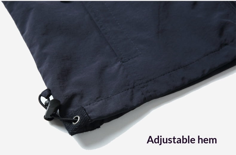 men multi pocket fishing vest in black nylon jacket with adjustable hem and drawstring closure