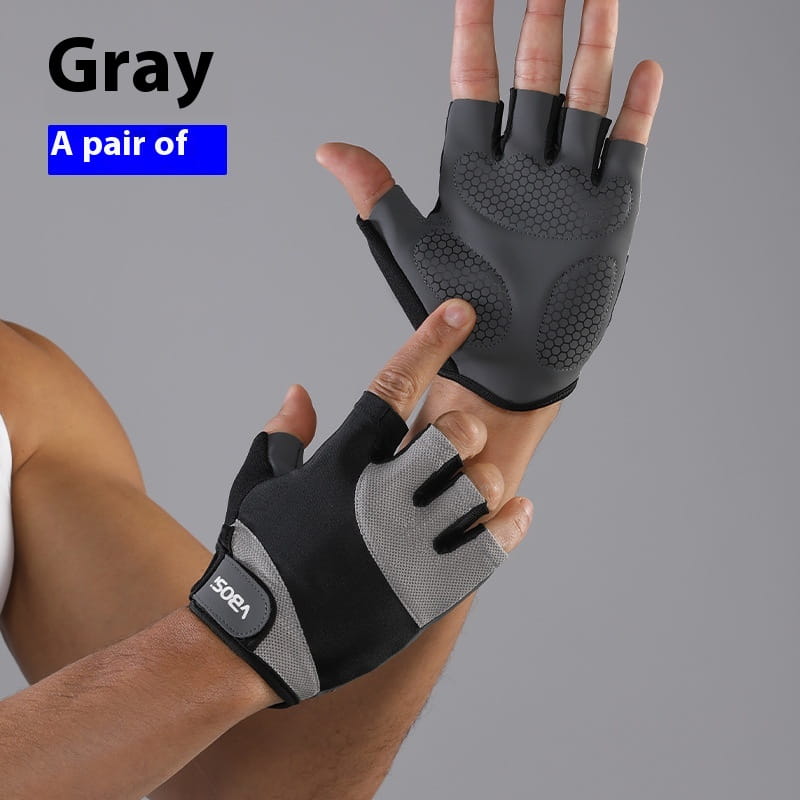 gray fingerless weightlifting fitness gloves with textured anti-skid grip panels and a branded wrist strap shown from the back side