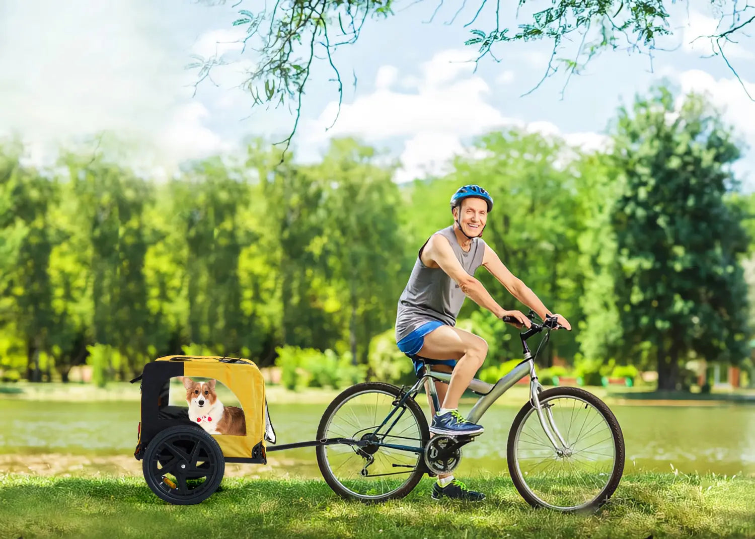 yellow heavy duty foldable dog bicycle trailer in yellow and black with a corgi inside shown from the front side