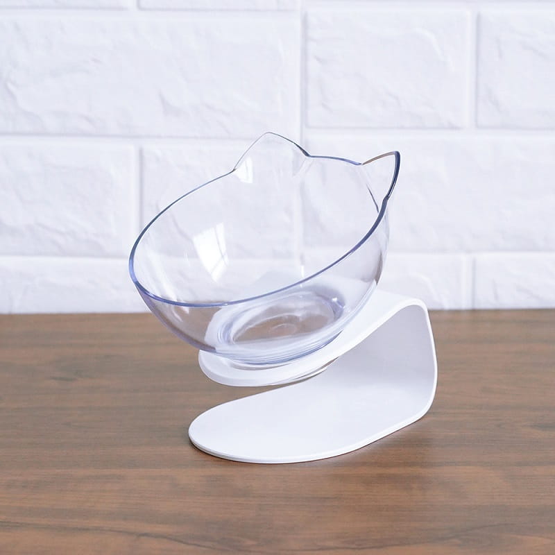 Elevated cat bowl double feeder stand featuring a clear plastic cat-shaped bowl with a white base tilted at 15 degrees.