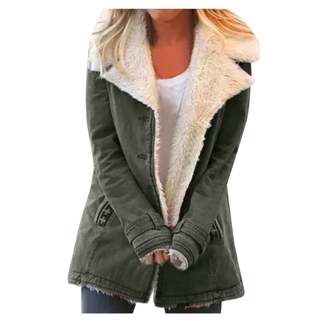 Olive green denim women fleece cotton padded jacket with plush cream-colored shearling collar and frayed hem.