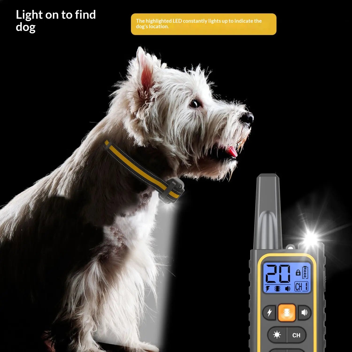 yellow and black anti bark dog training collar with remote featuring an led light for improved visibility during training sessions