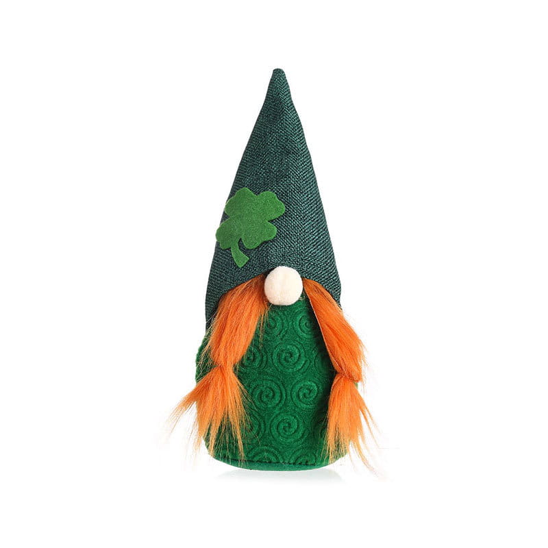 St.-Patrick’s-Day-Leprechaun-Gnome-Plüschpuppe aus grünem Stoff mit orangefarbenem Garnhaar und einer Kleeblatt-Applikation auf ihrem spitzen Hut.
