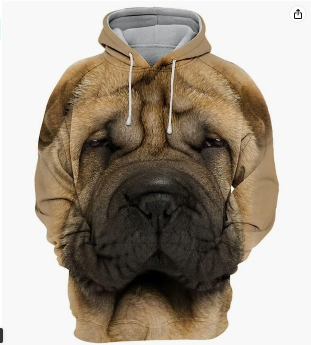 sweat à capuche en pull-over imprimé 3D représentant un portrait de chien pour homme, avec un visage de shar pei beige et noir imprimé partout, et des cordons de serrage blancs.
