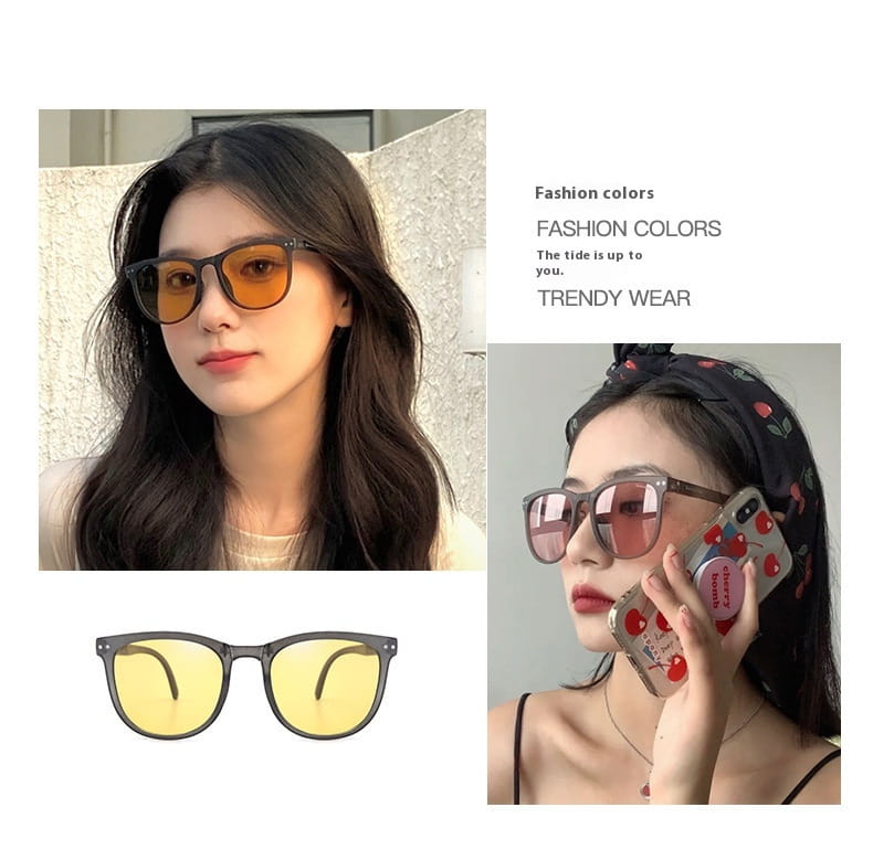 Black-framed premium polarized folding sunglasses for women with amber-tinted lenses.