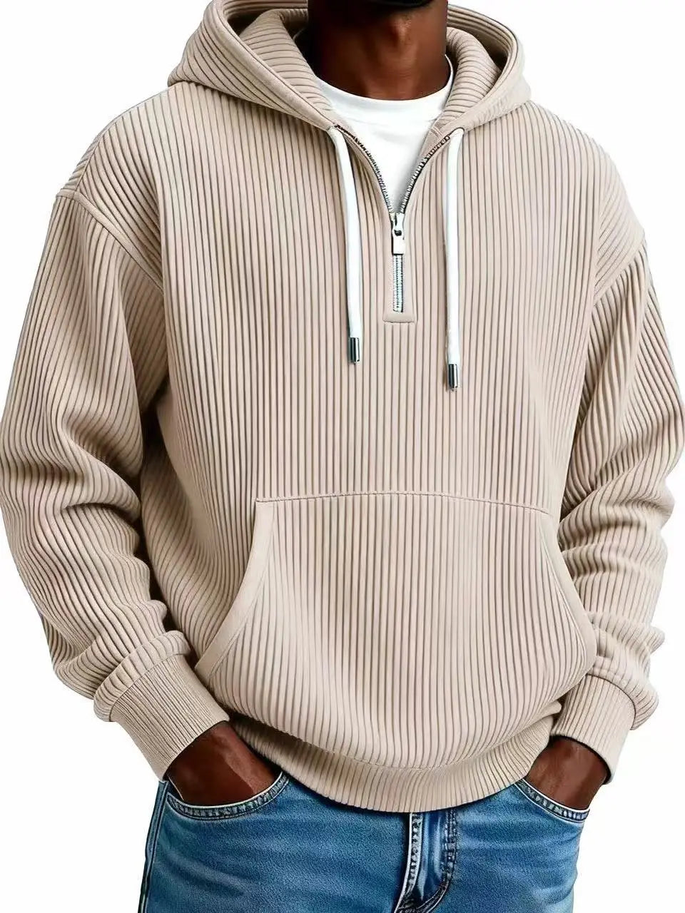 Men’s beige ribbed corduroy half zip pullover hoodie with a half-zip front and white drawstrings.