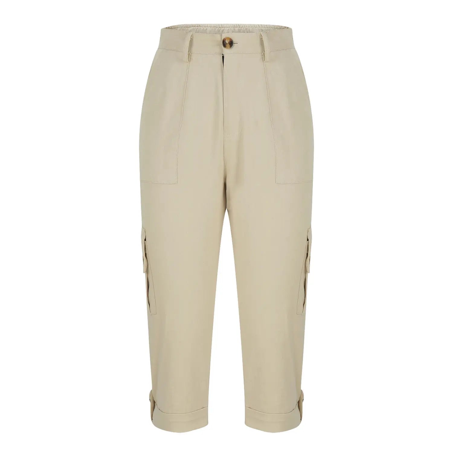 Pantalon capri cargo beige pour femmes, avec taille haute, fermeture boutonnée, ourlets retroussés et design décontracté.