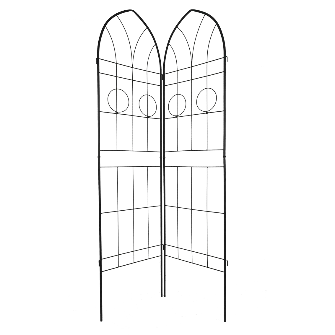 Black wrought iron metal garden trellis with arched top and circular decorative elements for climbing plants in a 4 pack.
